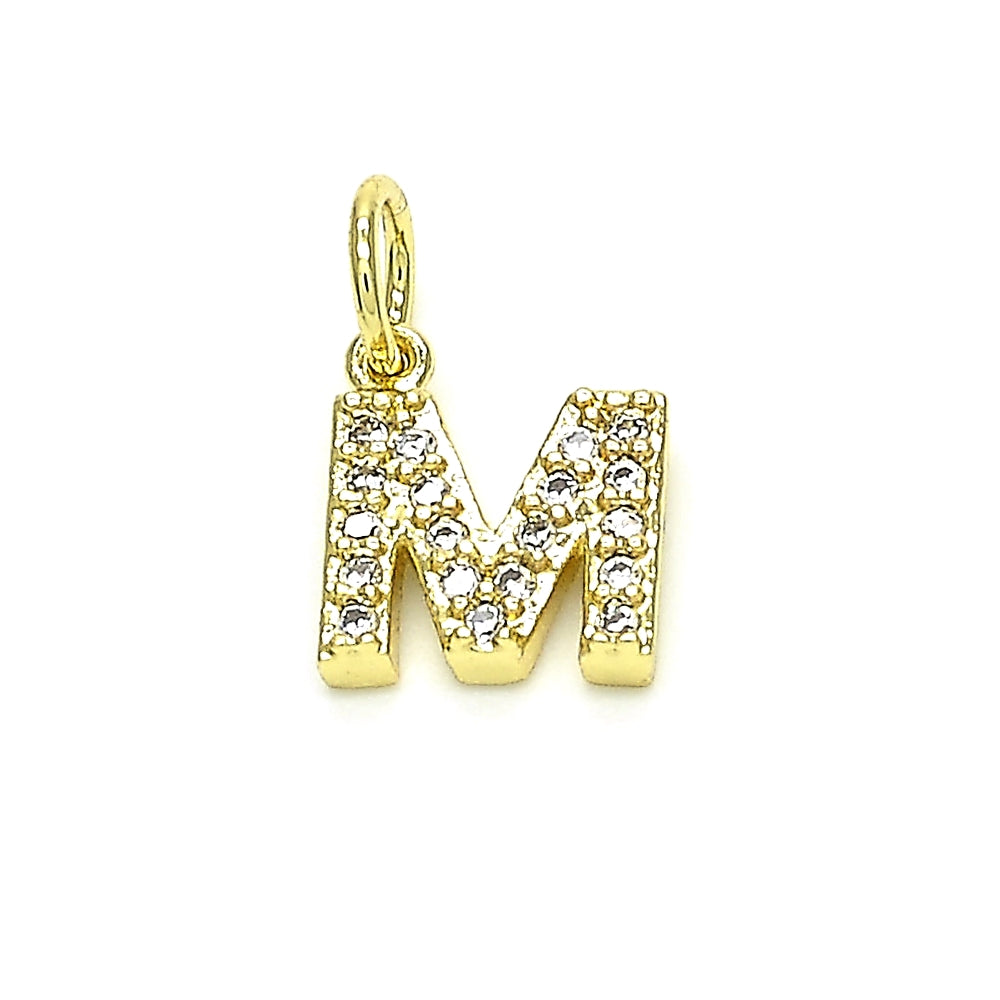 Oro Laminado Fancy Pendant, Gold Filled Style Initials and Mom Design, with White Cubic Zirconia, Polished, Golden Finish