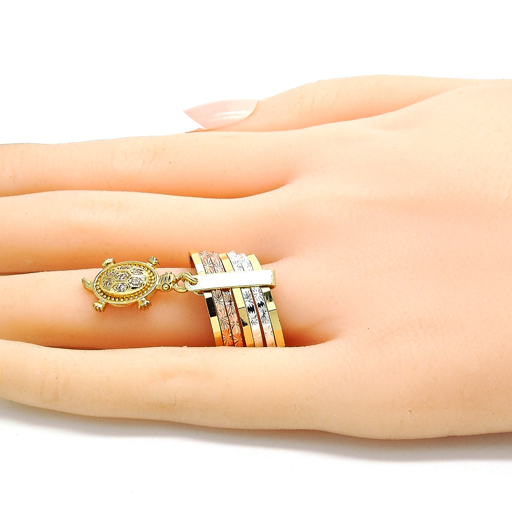 Oro Laminado Multi Stone Ring, Gold Filled Style Semanario and Turtle Design, with White Cubic Zirconia, Diamond Cutting Finish, Tricolor
