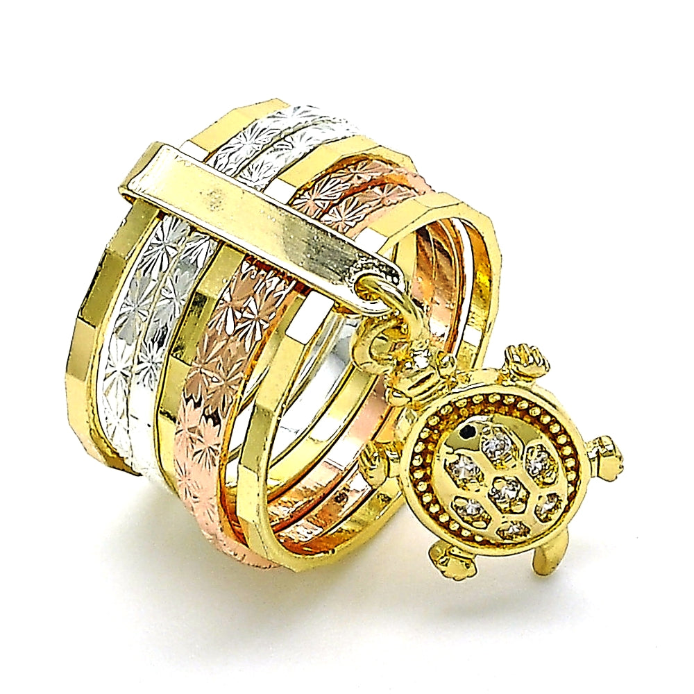 Oro Laminado Multi Stone Ring, Gold Filled Style Semanario and Turtle Design, with White Cubic Zirconia, Diamond Cutting Finish, Tricolor