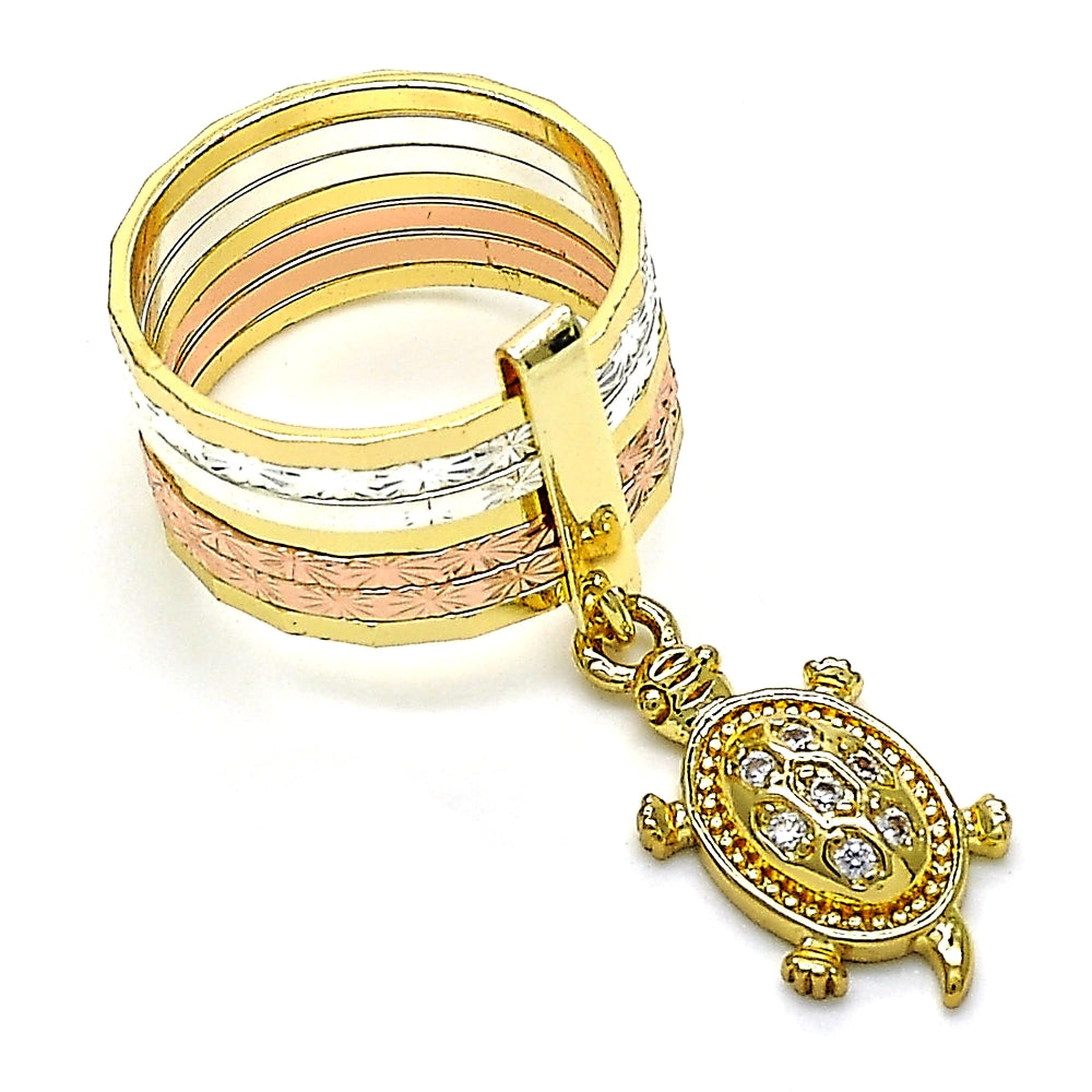 Oro Laminado Multi Stone Ring, Gold Filled Style Semanario and Turtle Design, with White Cubic Zirconia, Diamond Cutting Finish, Tricolor