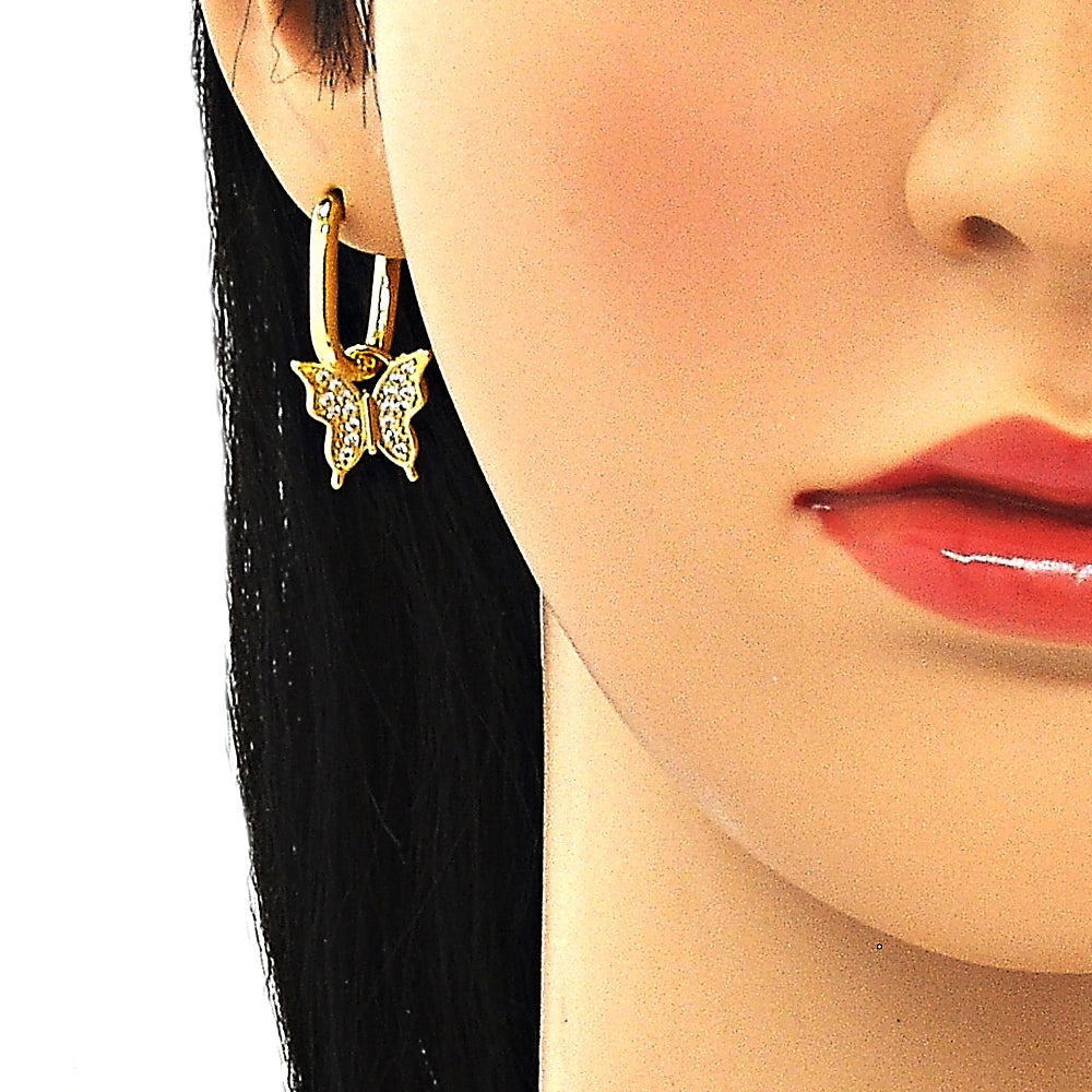 Oro Laminado Dangle Earring, Gold Filled Style Butterfly Design, with White Micro Pave, Polished, Golden Finish