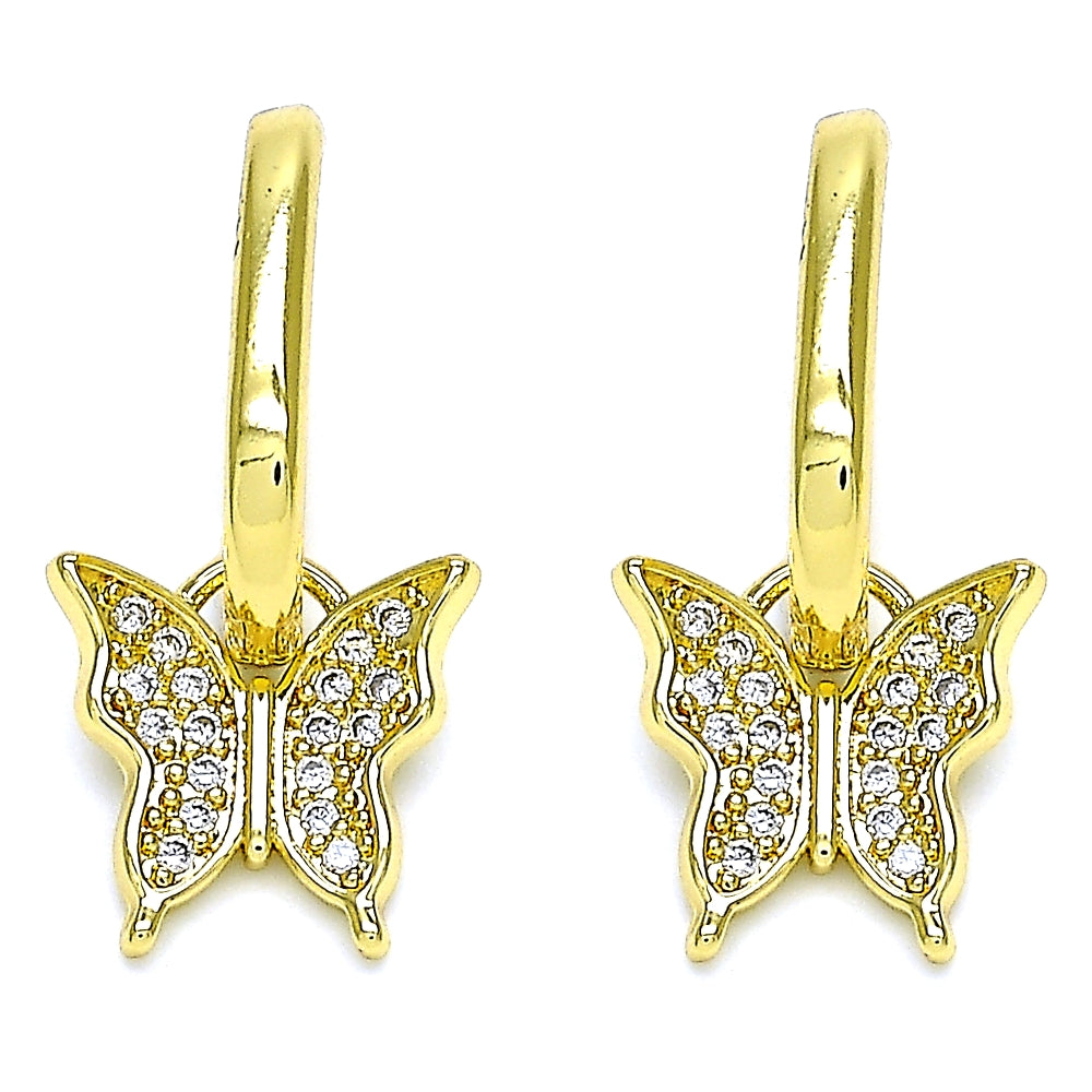 Oro Laminado Dangle Earring, Gold Filled Style Butterfly Design, with White Micro Pave, Polished, Golden Finish