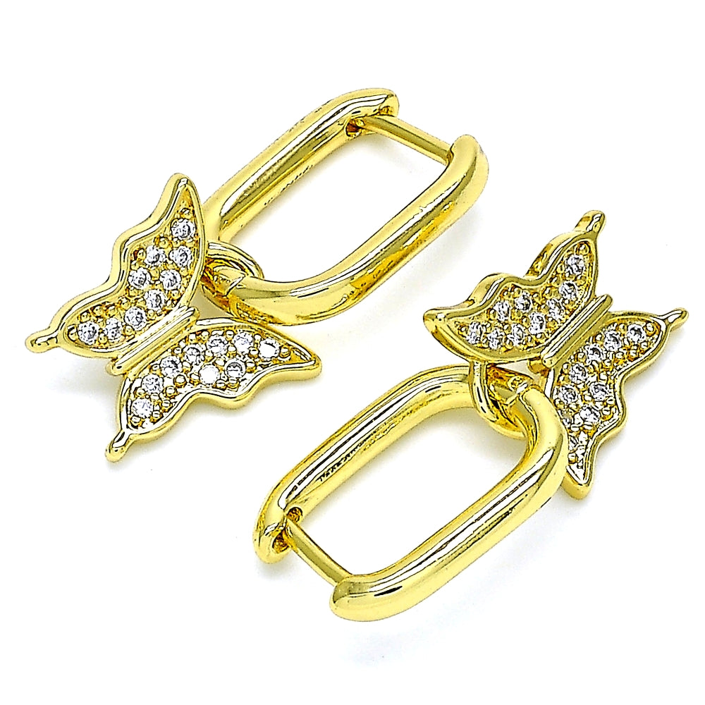 Oro Laminado Dangle Earring, Gold Filled Style Butterfly Design, with White Micro Pave, Polished, Golden Finish