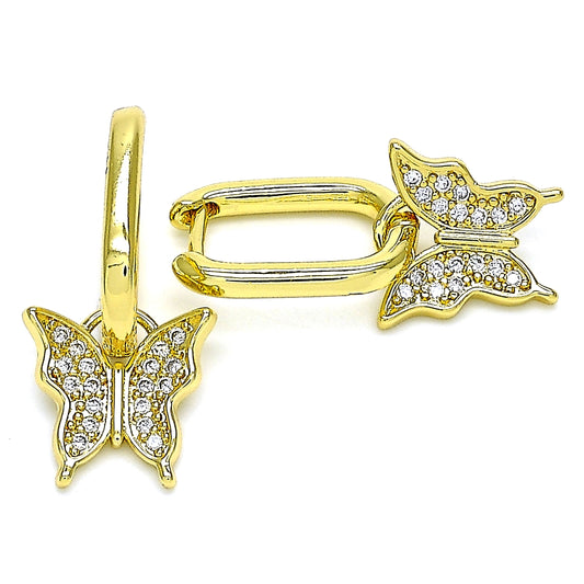 Oro Laminado Dangle Earring, Gold Filled Style Butterfly Design, with White Micro Pave, Polished, Golden Finish