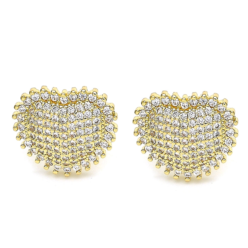 Oro Laminado Stud Earring, Gold Filled Style Heart Design, with White Micro Pave, Polished, Golden Finish