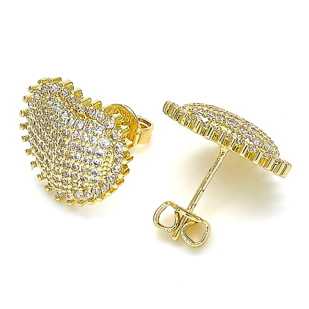 Oro Laminado Stud Earring, Gold Filled Style Heart Design, with White Micro Pave, Polished, Golden Finish