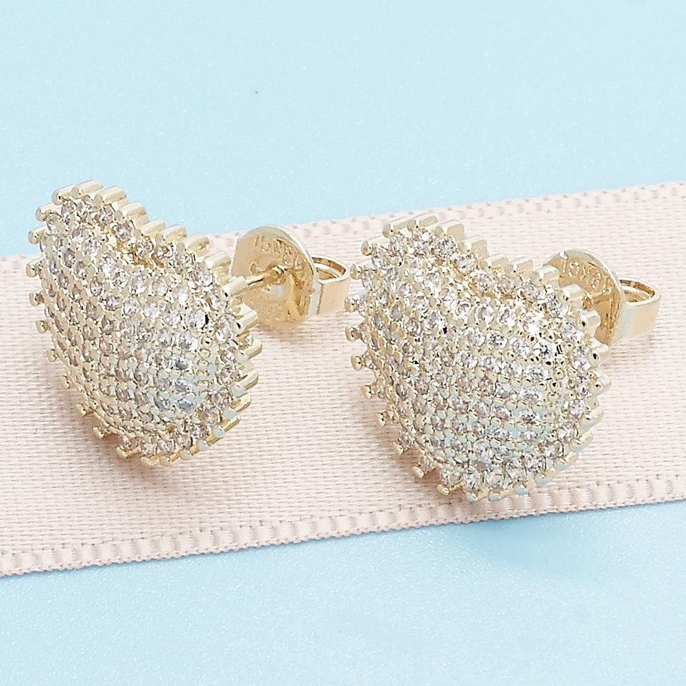 Oro Laminado Stud Earring, Gold Filled Style Heart Design, with White Micro Pave, Polished, Golden Finish