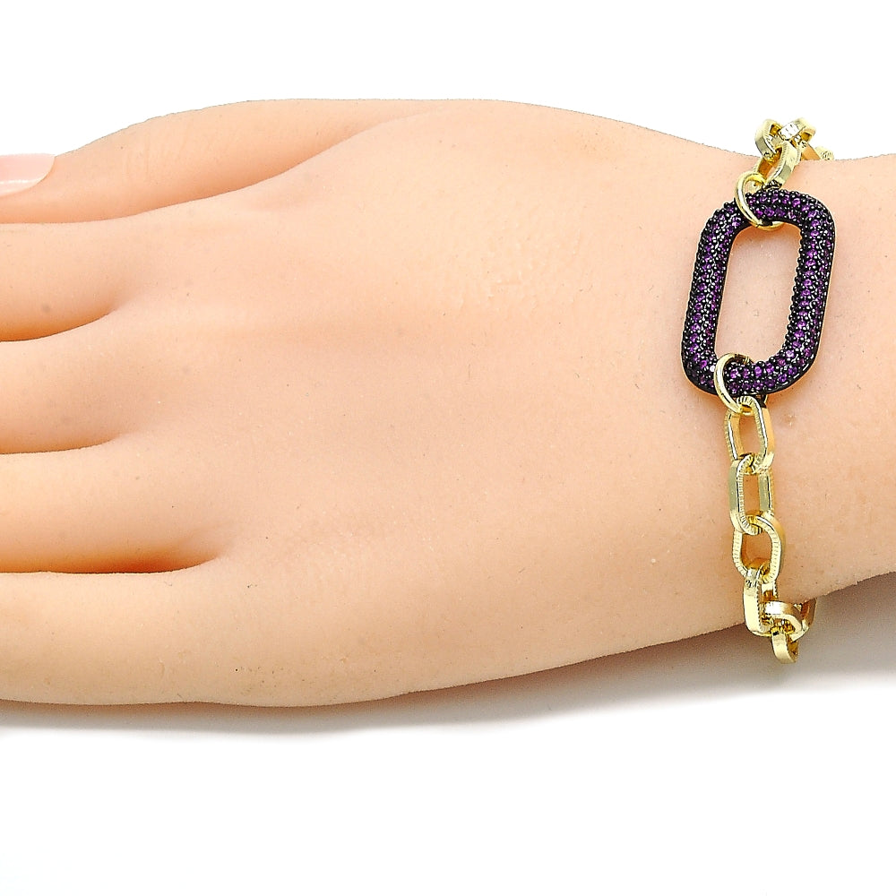 Oro Laminado Fancy Bracelet, Gold Filled Style Paperclip Design, with Ruby Micro Pave, Polished, Black Rhodium Finish