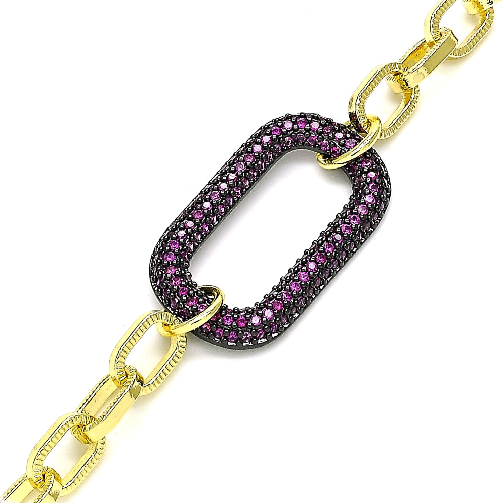 Oro Laminado Fancy Bracelet, Gold Filled Style Paperclip Design, with Ruby Micro Pave, Polished, Black Rhodium Finish