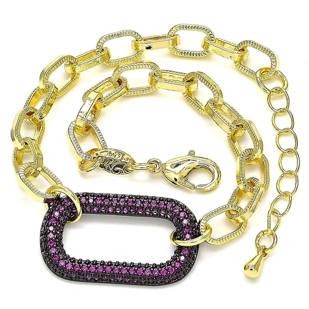 Oro Laminado Fancy Bracelet, Gold Filled Style Paperclip Design, with Ruby Micro Pave, Polished, Black Rhodium Finish