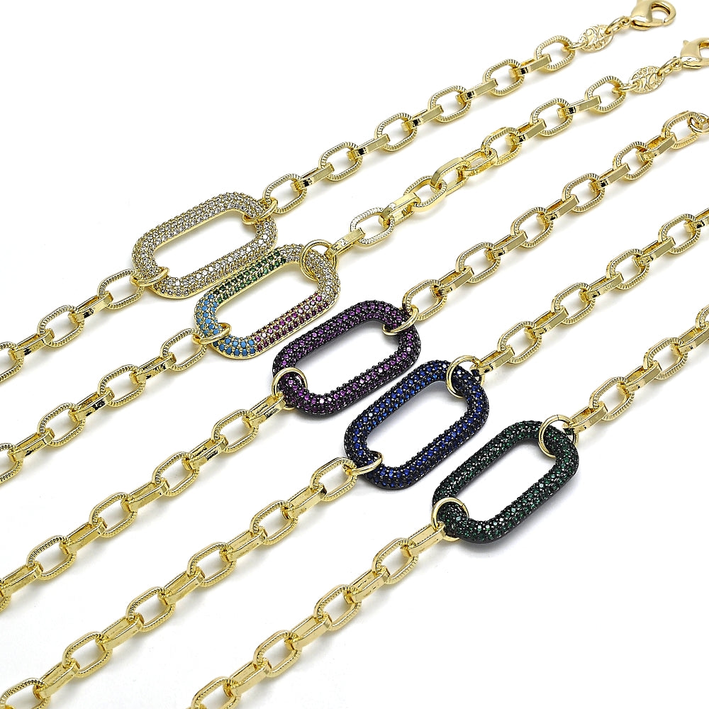 Oro Laminado Fancy Bracelet, Gold Filled Style Paperclip Design, with Ruby Micro Pave, Polished, Black Rhodium Finish