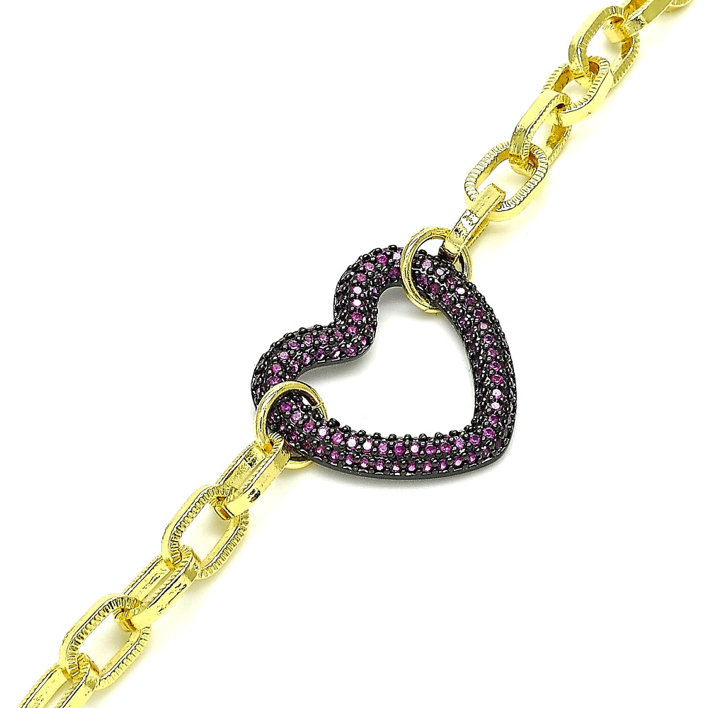 Oro Laminado Fancy Bracelet, Gold Filled Style Paperclip and Heart Design, with Garnet Micro Pave, Polished, Black Rhodium Finish