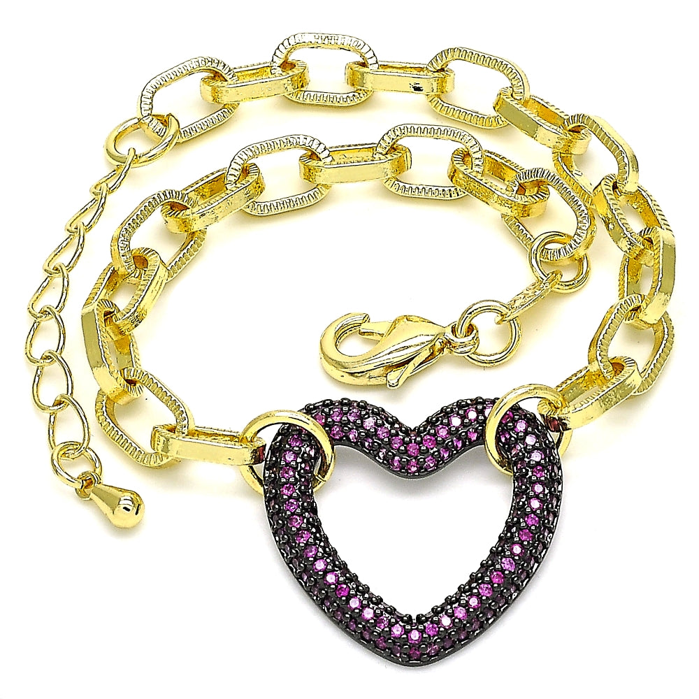 Oro Laminado Fancy Bracelet, Gold Filled Style Paperclip and Heart Design, with Garnet Micro Pave, Polished, Black Rhodium Finish