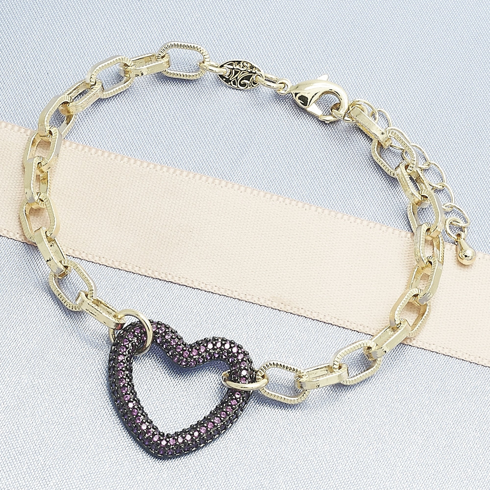 Oro Laminado Fancy Bracelet, Gold Filled Style Paperclip and Heart Design, with Garnet Micro Pave, Polished, Black Rhodium Finish