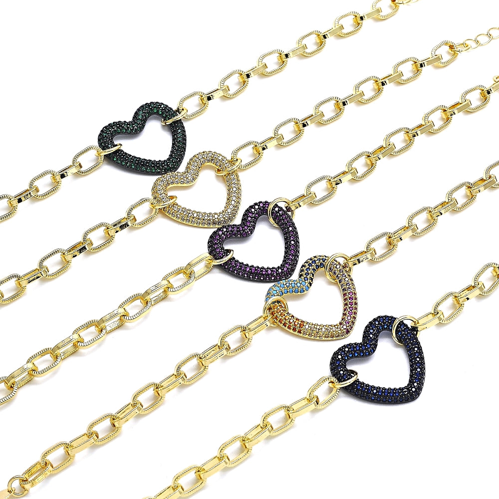 Oro Laminado Fancy Bracelet, Gold Filled Style Paperclip and Heart Design, with Garnet Micro Pave, Polished, Black Rhodium Finish