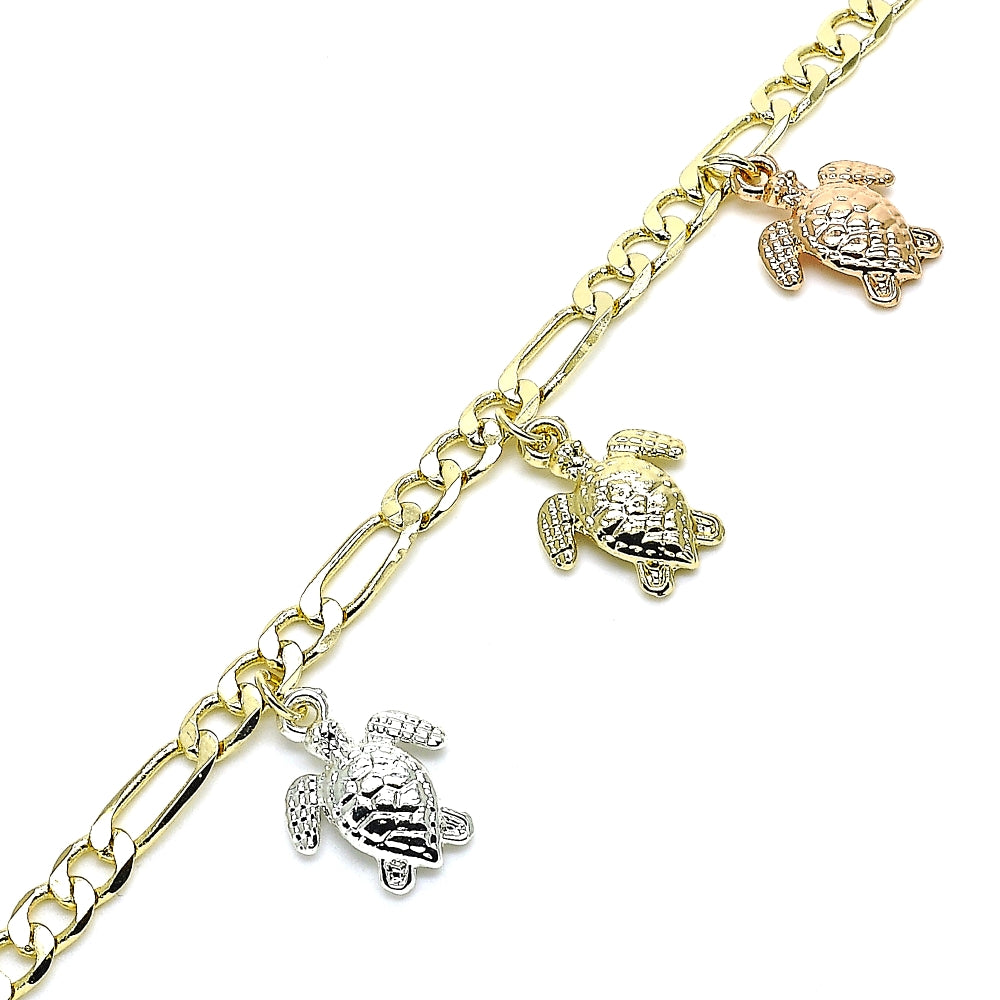Oro Laminado Charm Bracelet, Gold Filled Style Turtle Design, Polished, Tricolor