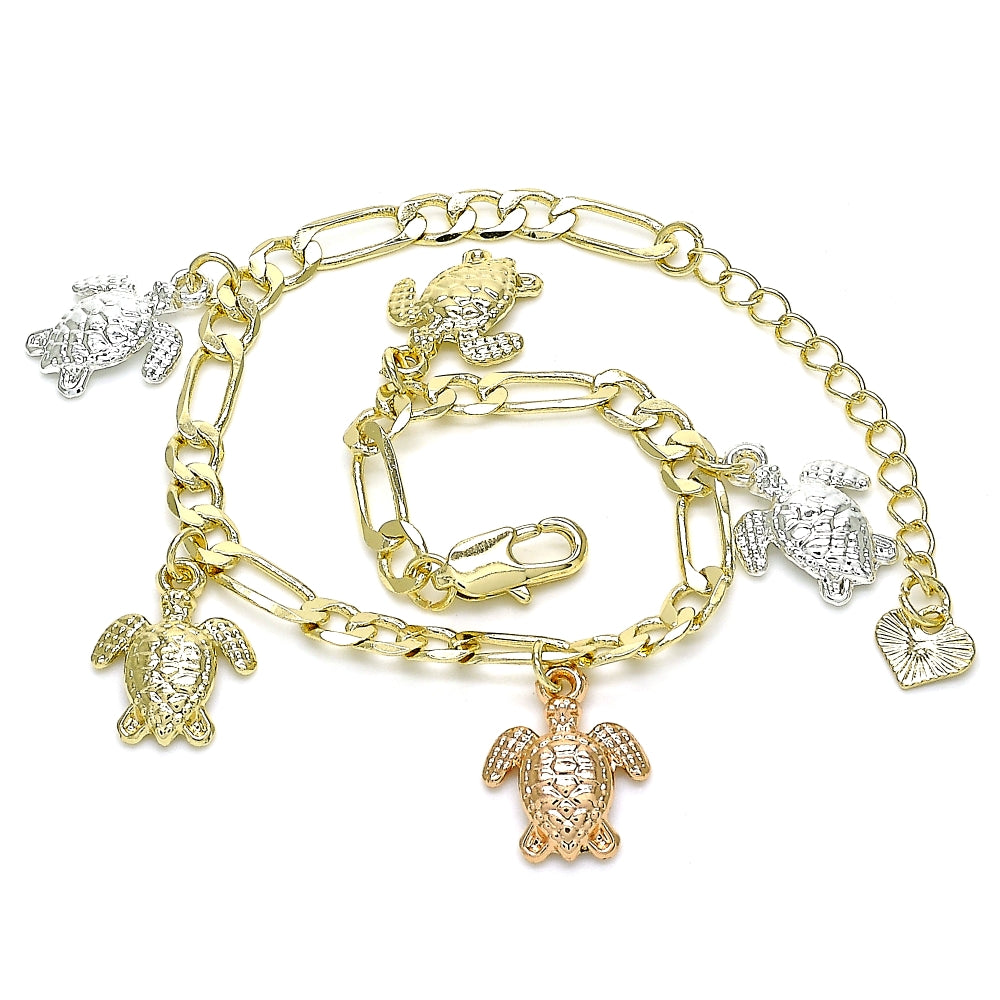 Oro Laminado Charm Bracelet, Gold Filled Style Turtle Design, Polished, Tricolor