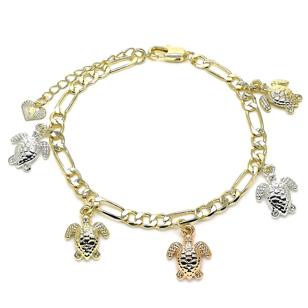 Oro Laminado Charm Bracelet, Gold Filled Style Turtle Design, Polished, Tricolor