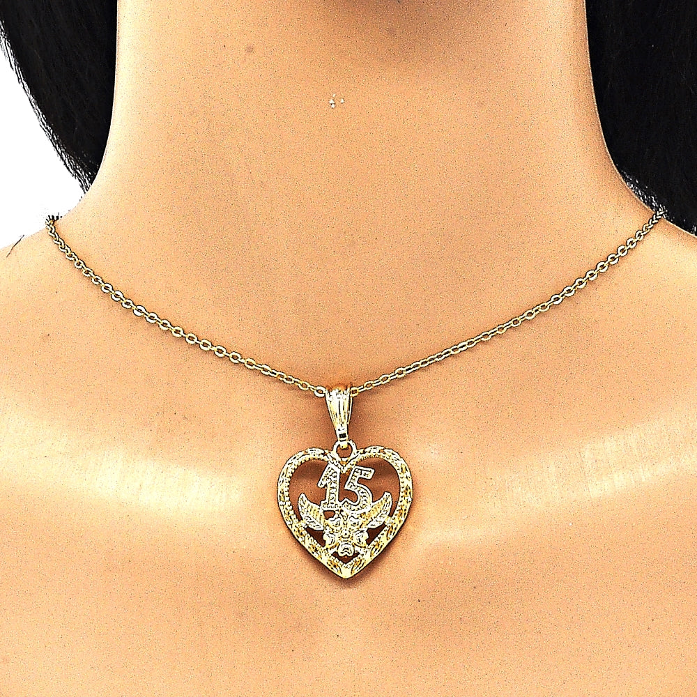 Oro Laminado Fancy Pendant, Gold Filled Style Heart and Flower Design, Polished, Golden Finish