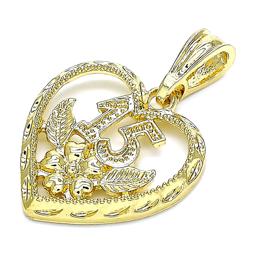 Oro Laminado Fancy Pendant, Gold Filled Style Heart and Flower Design, Polished, Golden Finish