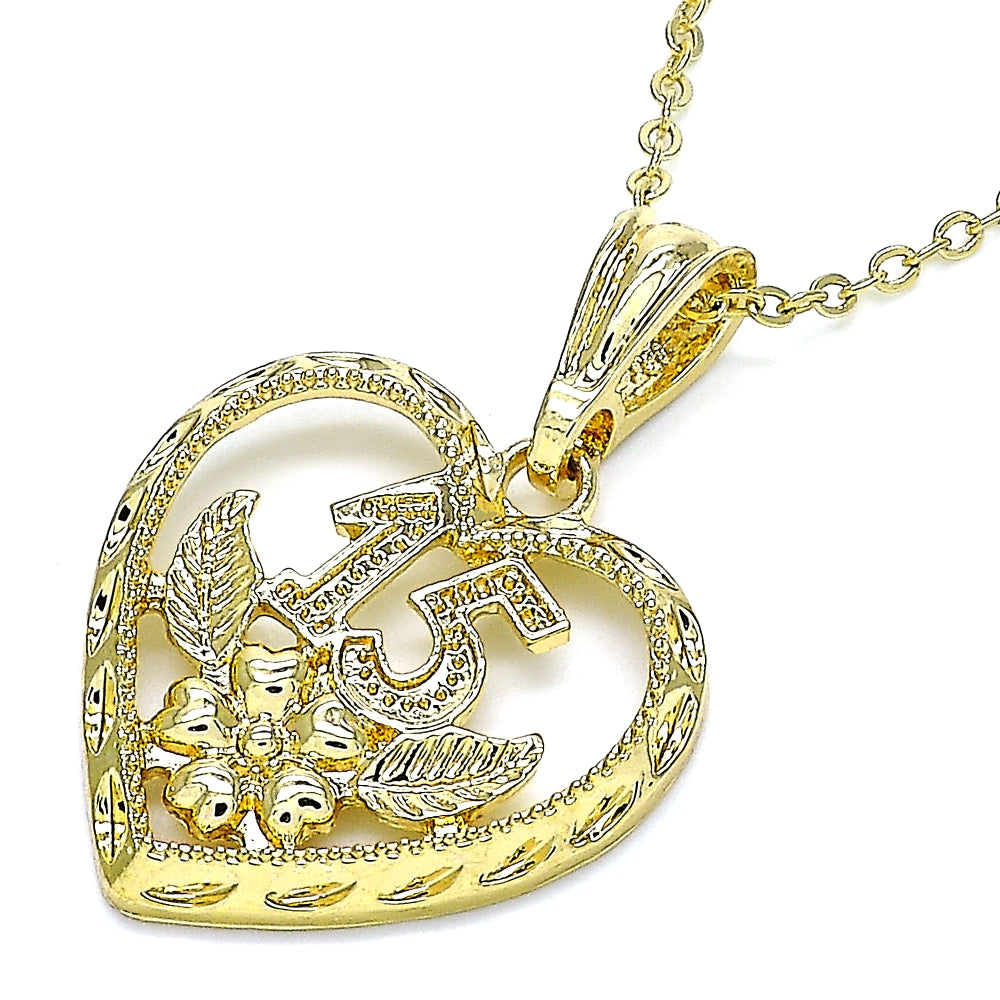 Oro Laminado Fancy Pendant, Gold Filled Style Heart and Flower Design, Polished, Golden Finish