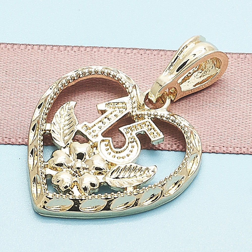 Oro Laminado Fancy Pendant, Gold Filled Style Heart and Flower Design, Polished, Golden Finish