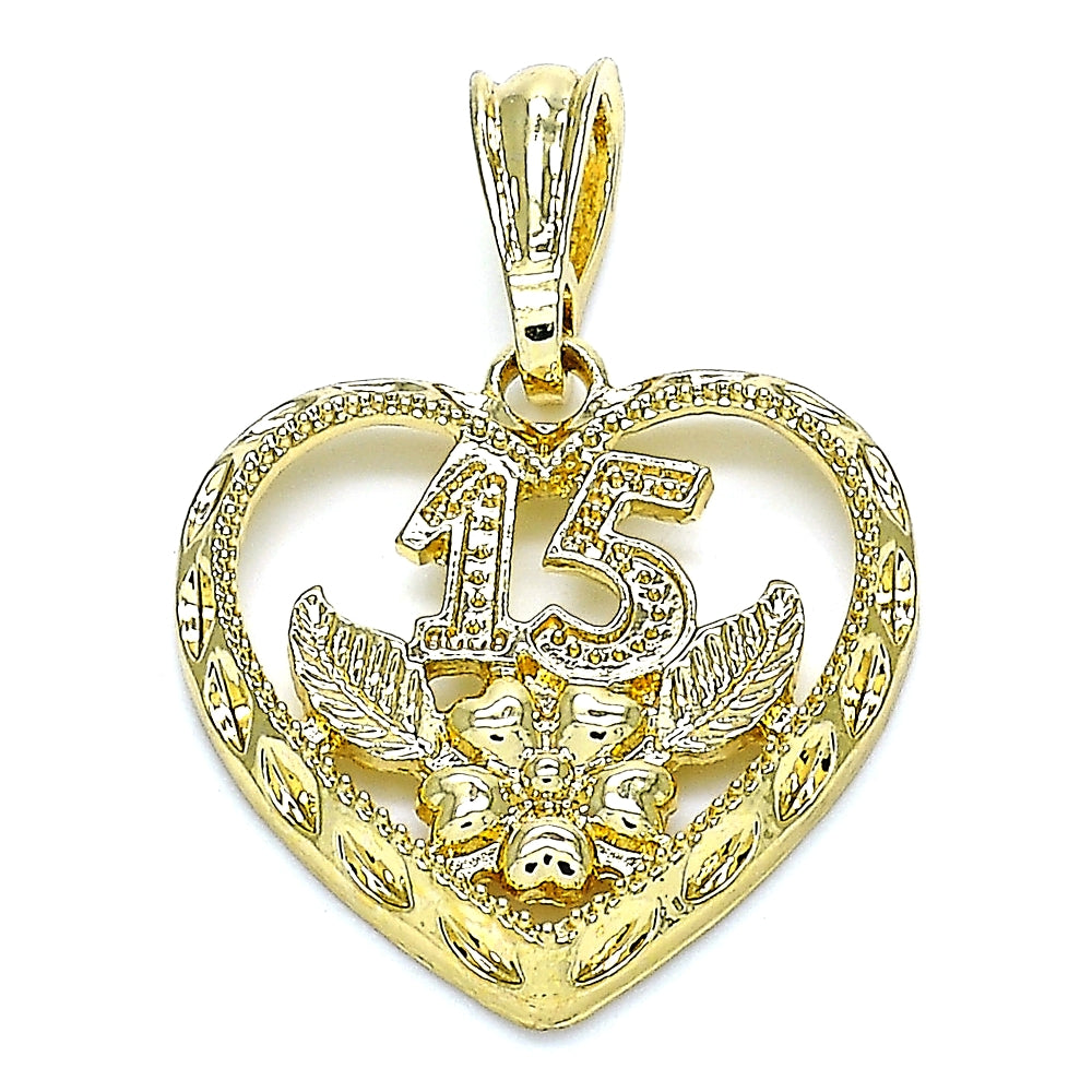 Oro Laminado Fancy Pendant, Gold Filled Style Heart and Flower Design, Polished, Golden Finish