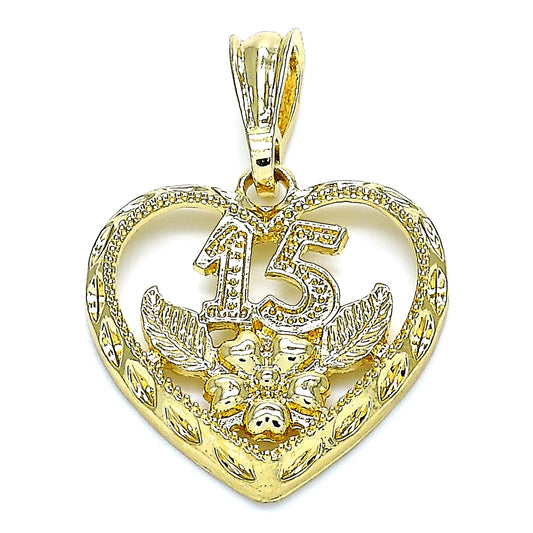 Oro Laminado Fancy Pendant, Gold Filled Style Heart and Flower Design, Polished, Golden Finish