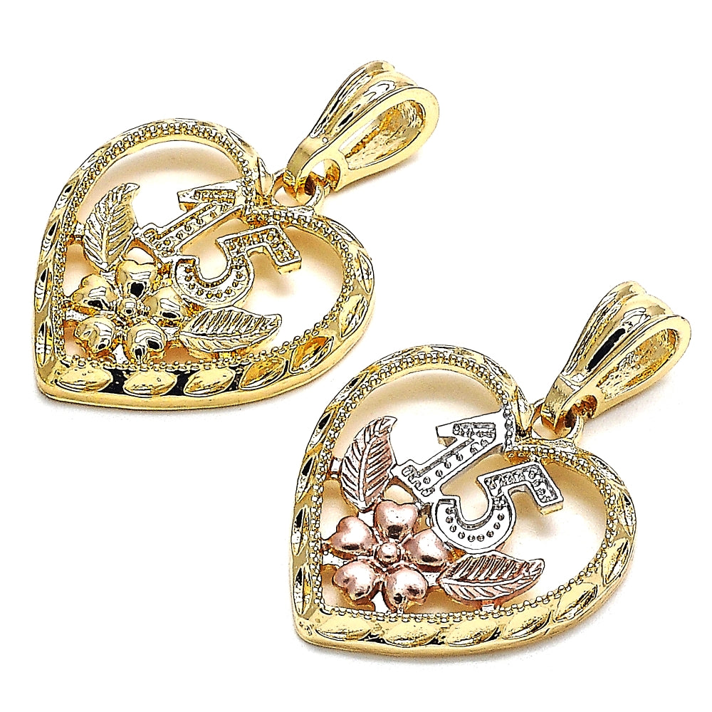 Oro Laminado Fancy Pendant, Gold Filled Style Heart and Flower Design, Polished, Golden Finish