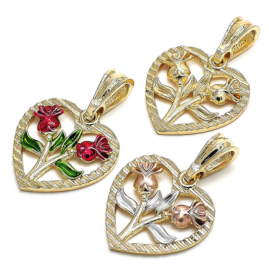Oro Laminado Fancy Pendant, Gold Filled Style Heart and Flower Design, Polished, Tricolor