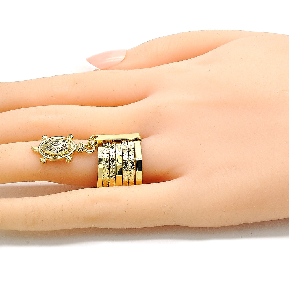 Oro Laminado Multi Stone Ring, Gold Filled Style Semanario and Turtle Design, with White Cubic Zirconia, Diamond Cutting Finish, Golden Finish