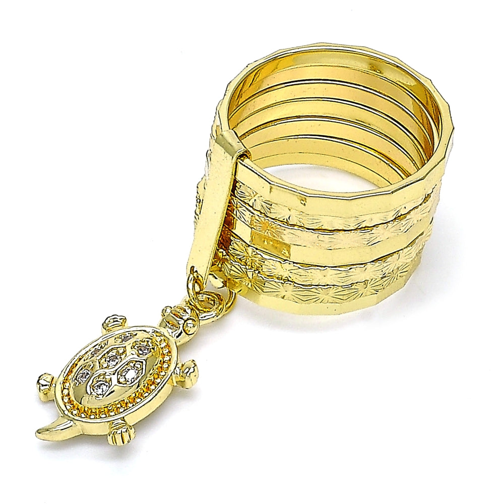 Oro Laminado Multi Stone Ring, Gold Filled Style Semanario and Turtle Design, with White Cubic Zirconia, Diamond Cutting Finish, Golden Finish