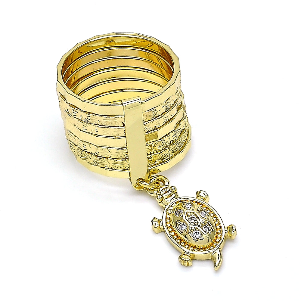 Oro Laminado Multi Stone Ring, Gold Filled Style Semanario and Turtle Design, with White Cubic Zirconia, Diamond Cutting Finish, Golden Finish