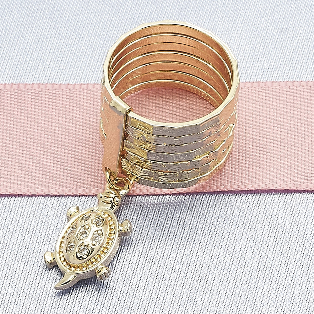 Oro Laminado Multi Stone Ring, Gold Filled Style Semanario and Turtle Design, with White Cubic Zirconia, Diamond Cutting Finish, Golden Finish