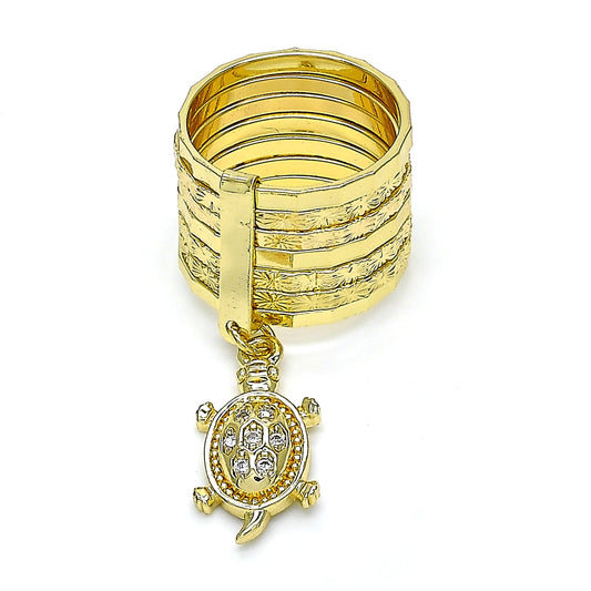 Oro Laminado Multi Stone Ring, Gold Filled Style Semanario and Turtle Design, with White Cubic Zirconia, Diamond Cutting Finish, Golden Finish