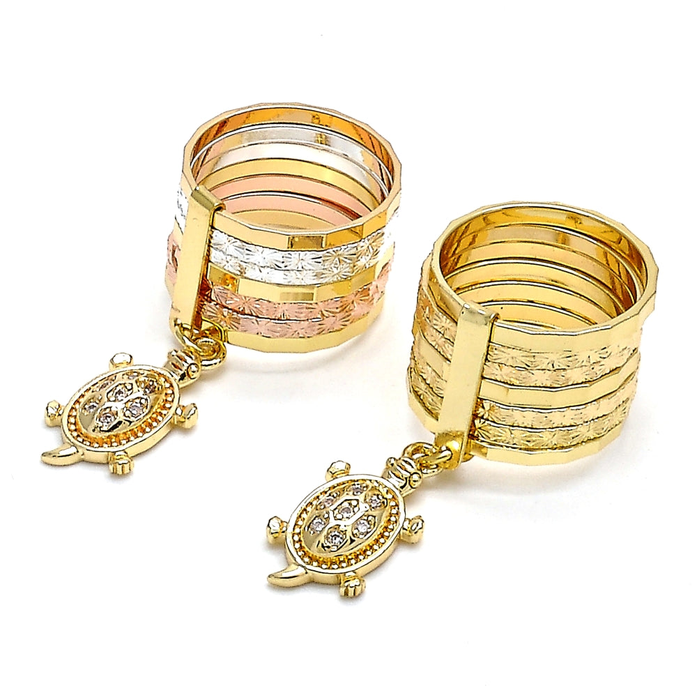 Oro Laminado Multi Stone Ring, Gold Filled Style Semanario and Turtle Design, with White Cubic Zirconia, Diamond Cutting Finish, Golden Finish