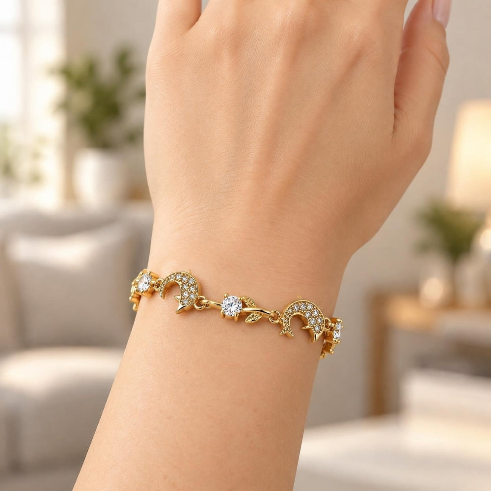 Oro Laminado Fancy Bracelet, Gold Filled Style Dolphin and Leaf Design, with White Micro Pave and White Cubic Zirconia, Polished, Golden Finish