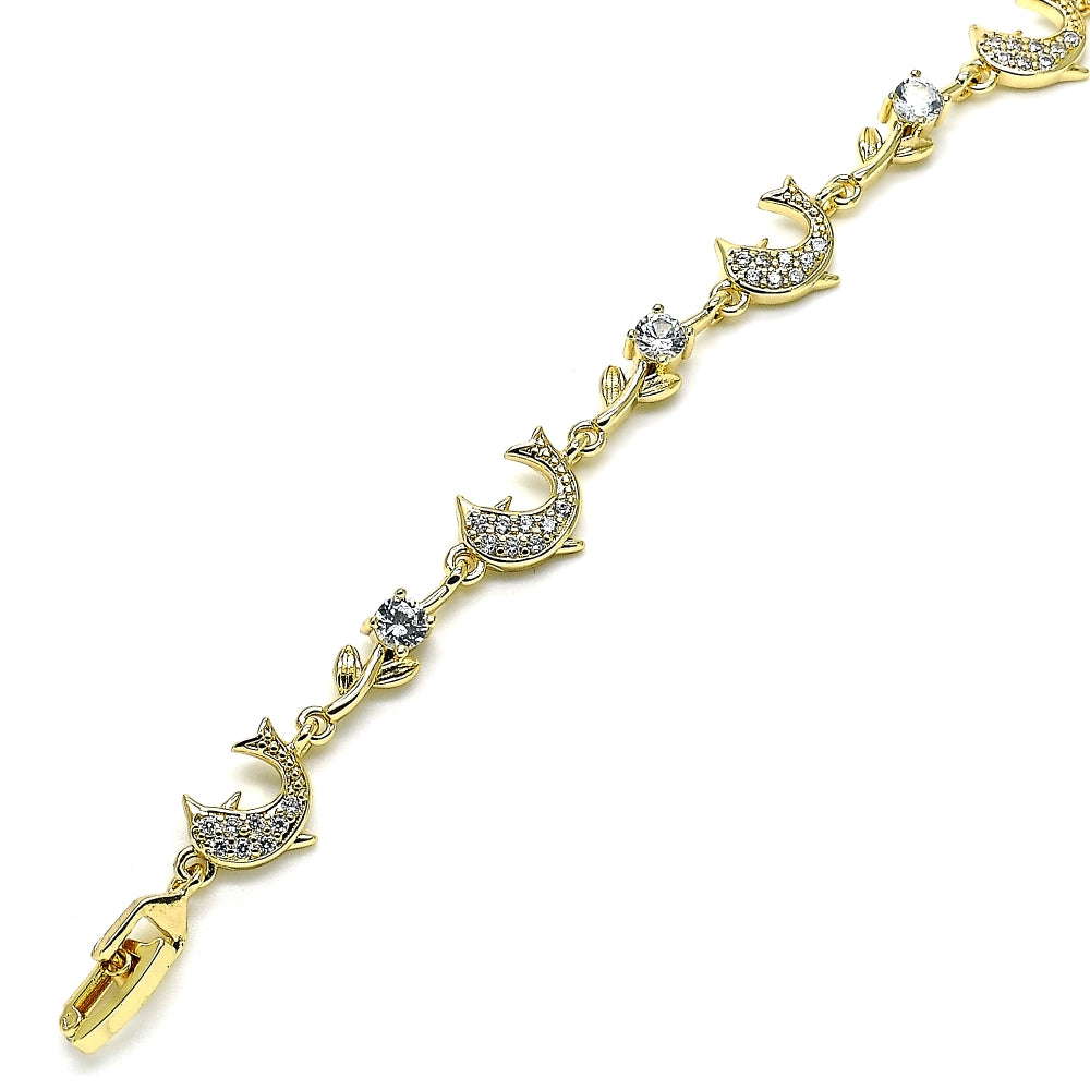 Oro Laminado Fancy Bracelet, Gold Filled Style Dolphin and Leaf Design, with White Micro Pave and White Cubic Zirconia, Polished, Golden Finish