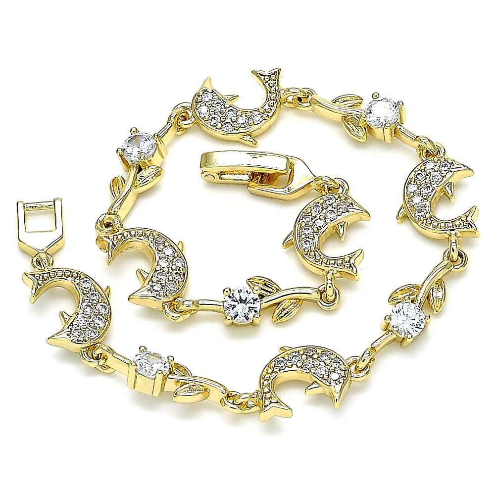 Oro Laminado Fancy Bracelet, Gold Filled Style Dolphin and Leaf Design, with White Micro Pave and White Cubic Zirconia, Polished, Golden Finish