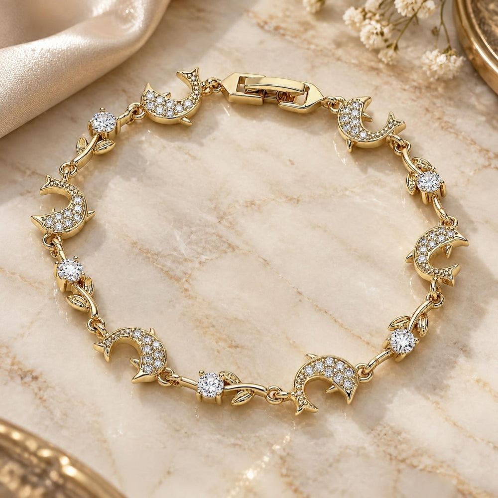 Oro Laminado Fancy Bracelet, Gold Filled Style Dolphin and Leaf Design, with White Micro Pave and White Cubic Zirconia, Polished, Golden Finish