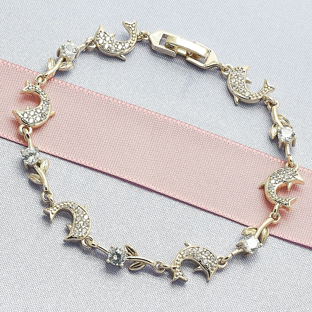 Oro Laminado Fancy Bracelet, Gold Filled Style Dolphin and Leaf Design, with White Micro Pave and White Cubic Zirconia, Polished, Golden Finish