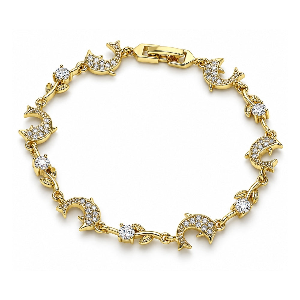 Oro Laminado Fancy Bracelet, Gold Filled Style Dolphin and Leaf Design, with White Micro Pave and White Cubic Zirconia, Polished, Golden Finish