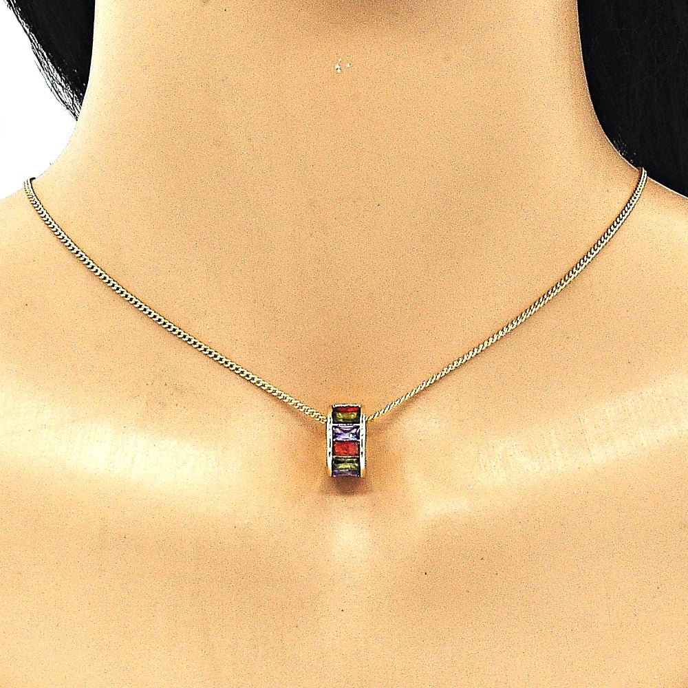 Oro Laminado Earring and Pendant Adult Set, Gold Filled Style Baguette Design, with Multicolor Cubic Zirconia, Polished, Golden Finish