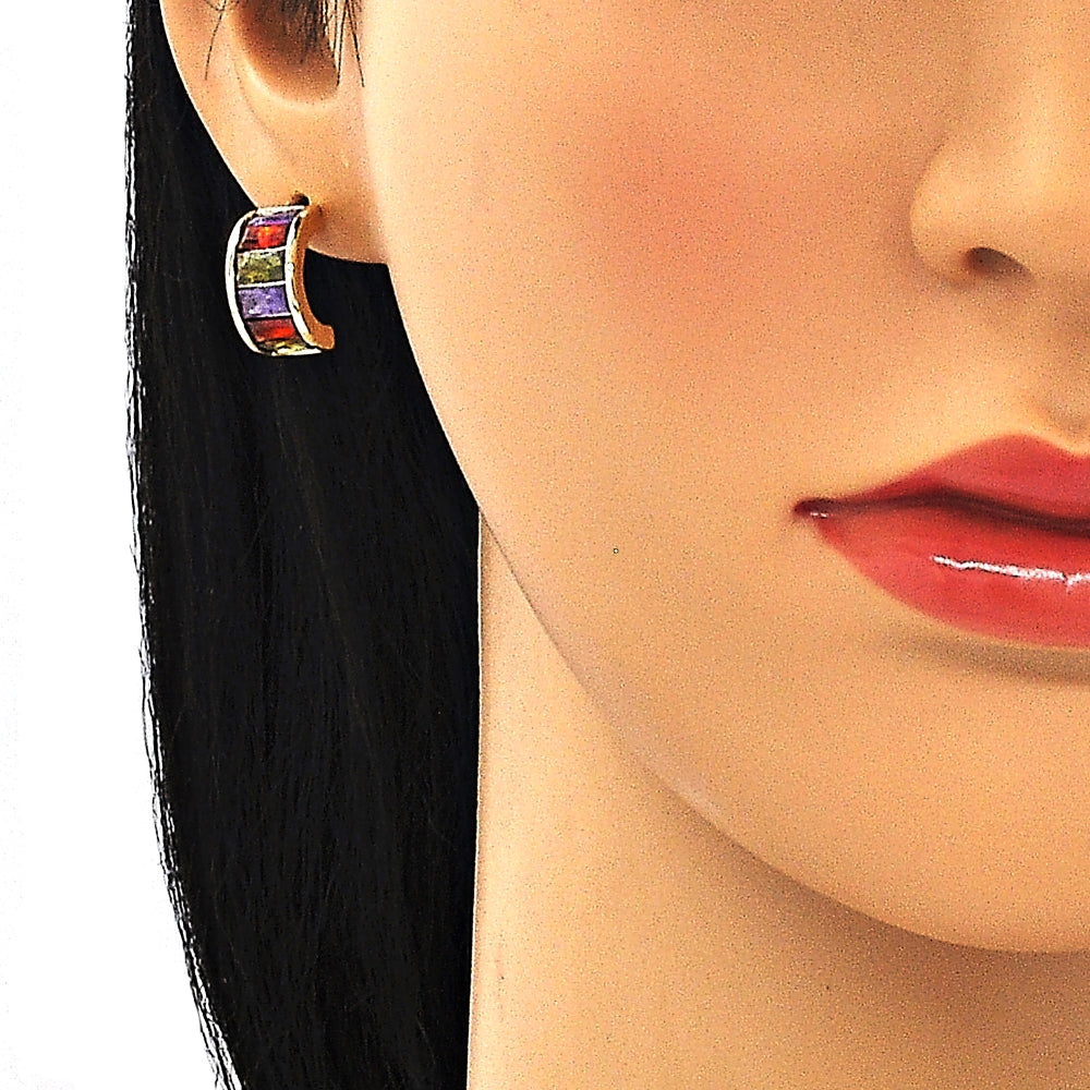 Oro Laminado Earring and Pendant Adult Set, Gold Filled Style Baguette Design, with Multicolor Cubic Zirconia, Polished, Golden Finish