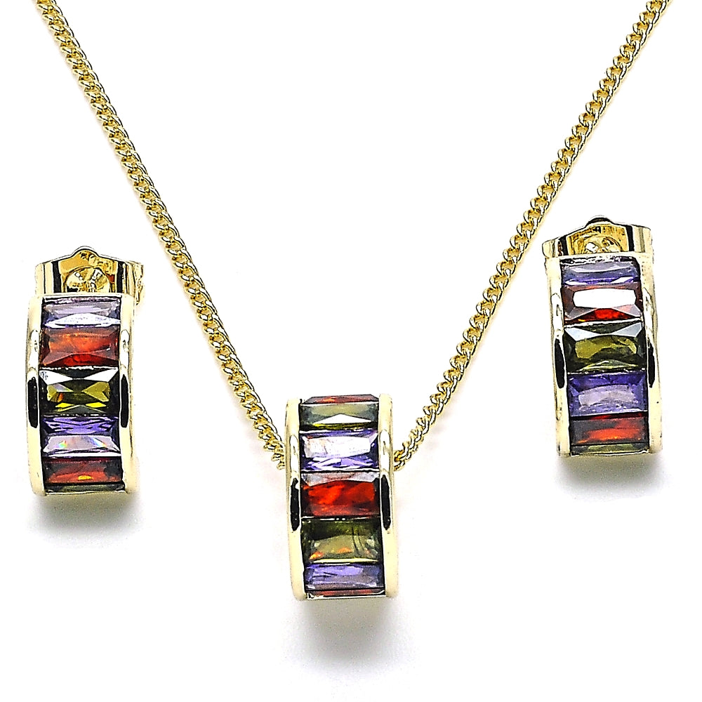 Oro Laminado Earring and Pendant Adult Set, Gold Filled Style Baguette Design, with Multicolor Cubic Zirconia, Polished, Golden Finish