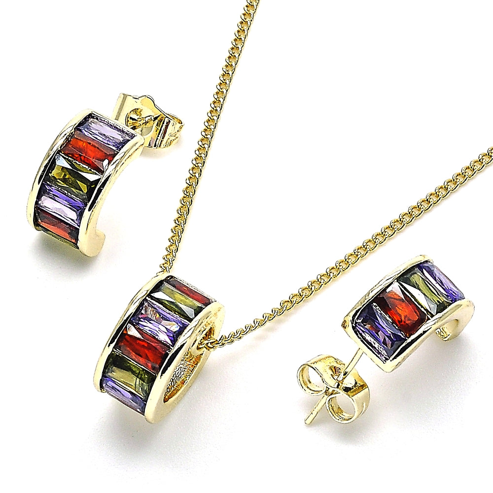Oro Laminado Earring and Pendant Adult Set, Gold Filled Style Baguette Design, with Multicolor Cubic Zirconia, Polished, Golden Finish