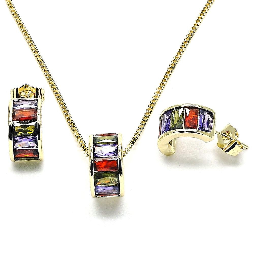 Oro Laminado Earring and Pendant Adult Set, Gold Filled Style Baguette Design, with Multicolor Cubic Zirconia, Polished, Golden Finish