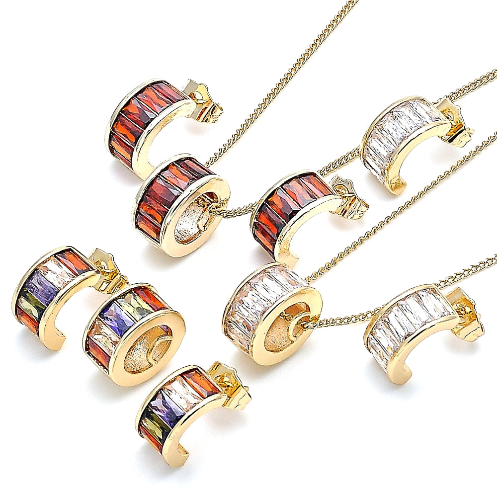Oro Laminado Earring and Pendant Adult Set, Gold Filled Style Baguette Design, with Multicolor Cubic Zirconia, Polished, Golden Finish