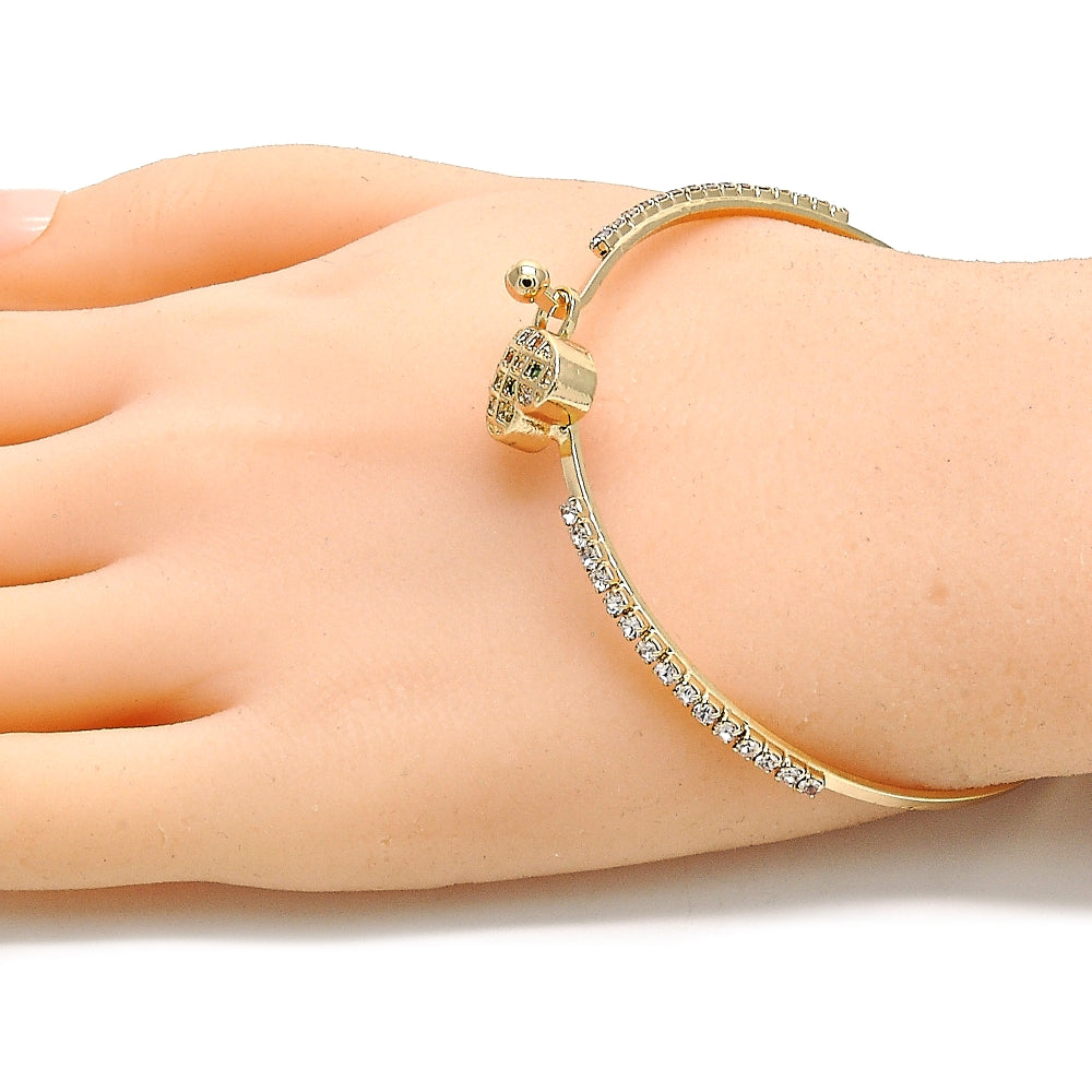 Oro Laminado Individual Bangle, Gold Filled Style Heart Design, with Multicolor Micro Pave and White Crystal, Polished, Golden Finish