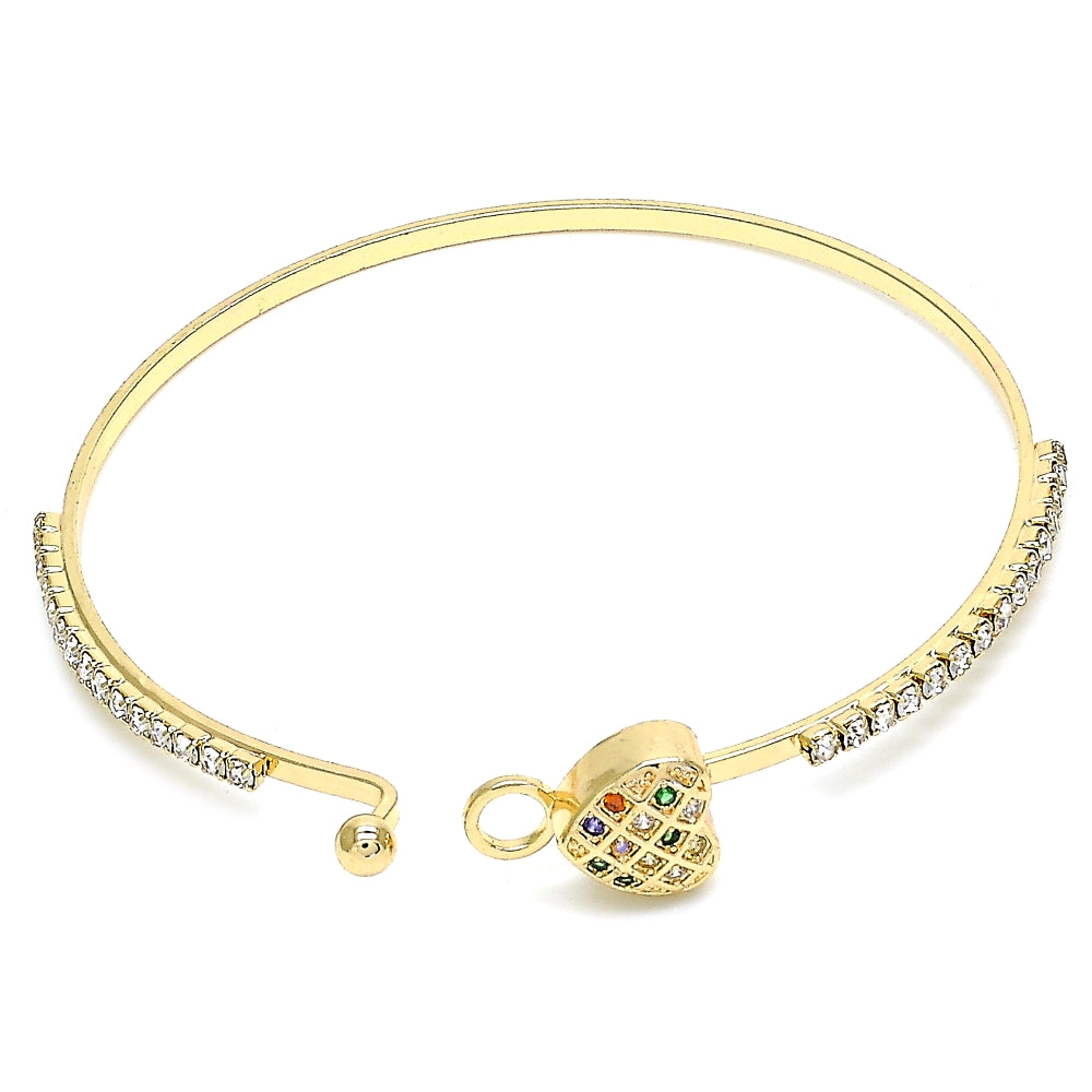 Oro Laminado Individual Bangle, Gold Filled Style Heart Design, with Multicolor Micro Pave and White Crystal, Polished, Golden Finish